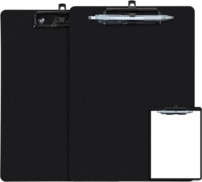 FRETONBA Black Clipboard with Pen Holder, 2 Pack Plastic Clipboard with Low Profile Metal Clip, Hanging Clip Boards Holds 8.5x11 Inch Papers, Standard A4 Letter Size Clip Boards for Offices & School - Image 1